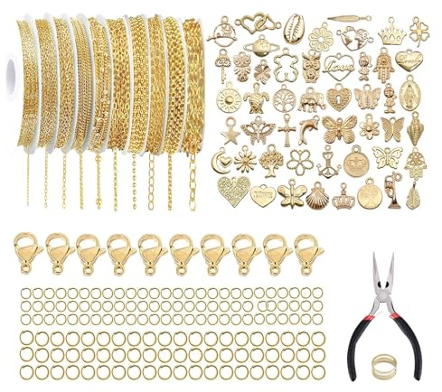 Nhemeylp 10 Rolls 14K Gold Plated Chain for Jewellery Making Kit | Rustproof Brass Bracelet Chains for Jewellery Making Set with Lobster Clasps & 50 Mixed Charms & Pliers for Adults Teens DIY Craft