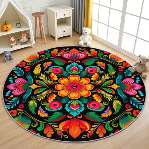 AevuCub Mexikanische Teppich Rund 120cm Kurzflor - Waschbare Teppiche Wohnzimmer Mexiko Vintage Blumen - Runder Teppich 200 cm Durchmesser - Bettvorleger Schlafzimmer rutschfest Weich