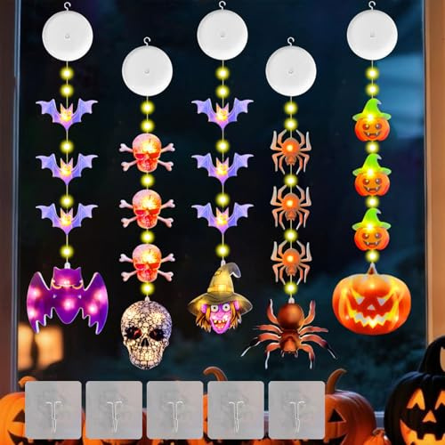 5 Stück Halloween Fenster Lichter mit Saugnapf Herbst Fensterdekoration mit Saugnapf und Timer Halloween Fenster Lichter Totenkopf Kürbis Spinne Fledermaus