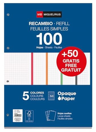 Miquelrius - Nachfüllblock A4 mit karierten Blättern 5x5 mm, 150 Blatt à 90 g/m² in 5 Pastellfarben, Mit Standardlochung für Ringordner, Schulmaterial