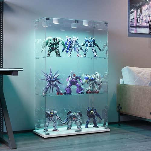 TIMORWTF Vetrina in vetro con LED, vetrina per collezione trasparente, vetrina in vetro con 2 ante e 3 ripiani, per soggiorno, bar, 123 x 78,5 x 35 cm, bianco