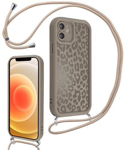Xylota Handyband für iPhone 12 mini Hülle mit Band, Silikon Aesthetic Leopard Muster Design Handyhülle mit Kette Kordel Schlüsselband, Mädchen Schutzhülle für iPhone 12 mini 5,4'' zum Umhängen, Braun