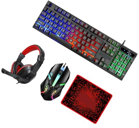 PartyKindom Ensemble Clavier Souris Gaming Filaire Casque et Tapis de Souris PC pour Joueurs Bureau Éclairage LED Multicolore Polyvalent Compacte