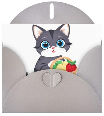 Biglietti di auguri in carta perlescente grigia 10,2 x 15,2 cm, motivo: gattino YYHHAOFA che tiene un cesto di frutta, biglietti di auguri per Natale, compleanno, anniversario di matrimonio e inviti