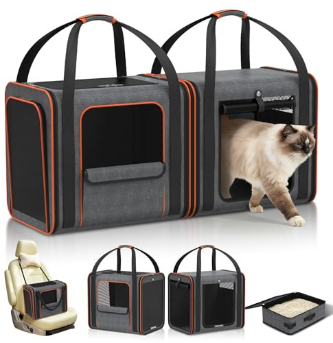 Cat Carrier Bag Large for Travel: 2-in-1 Cat Carrier Soft with Litter Box 34x13x16in Secure The Car Seat for 2 Cats Travelling Design Long Trips Ride