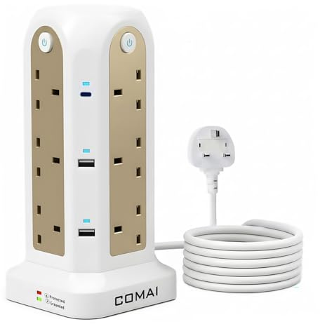 Tower Extension Lead 2M, (13A 3250W), 12 Way Tower Sockets, 2 USB C Slots, 4 USB A, Surge Protection, Smart Charging, Easy Grip Plug, 4 Independent Switches, Sturdy Extension Cable for Office, Home