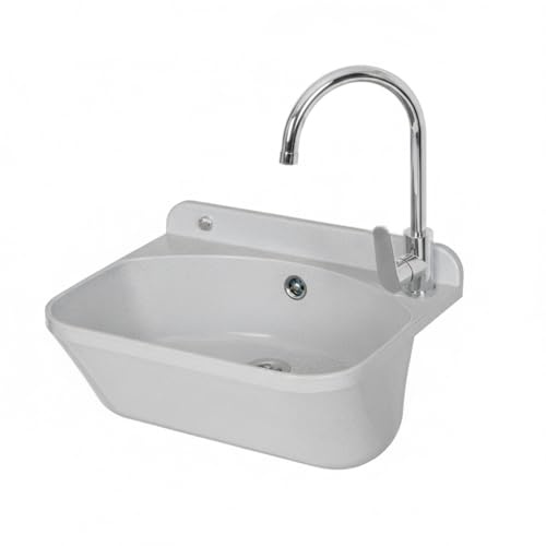 Set Pilozzo Sospeso 46x36 Cm Bianco Pietra - Vasca Lavatoio In Resina Resistente Agli Acidi Con Strofinatoio - INCLUDE Miscelatore Canna Alta Cromo In Acciaio INOX E Kit Scarico