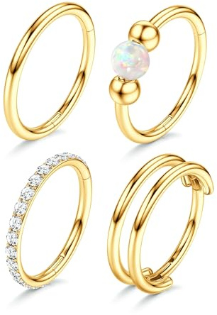Morfetto 4Stück Nasenpiercing Ring Gold/Silber Hypoallergen - 316L Chirurgenstahl Segmentring Septum Piercing Nase Clicker Nasenring Knorpel Daith Rook Tragus Conch Helix Piercing Ring Golden 18G-8MM