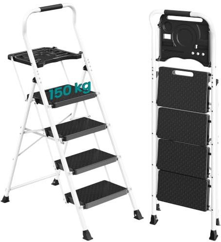 SONGMICS Escalera de Acero, Escalera Plegable de 4 Peldaños, Carga de 150 kg, para Casa, Oficina, Jardín, 84 x 45,5 x 145,2 cm, Blanco GSL204WZ01