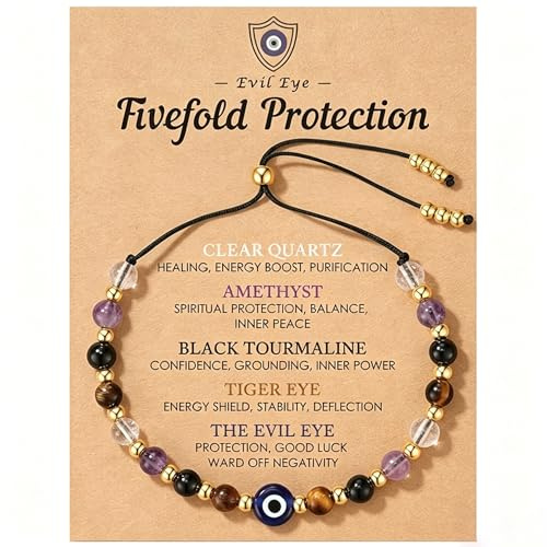 JollyDragon Beaded Evil Dainty Bracelet - Protection Bracelet for Women Men with 5 Crystals, Adjustable Stone Jewelry Gift with Meaning Card for Friends Daughter Mom