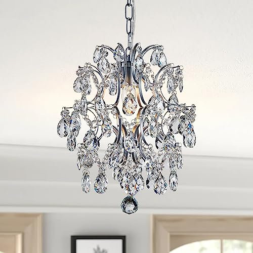 BESTIER Silver Modern Pendant Chandelier Crystal Raindrop Lighting Ceiling Light Fixture Lamp for Dining Room Bathroom Bedroom Livingroom 1 E27 Bulbs Required D32cm x H40cm