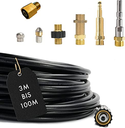 M&M Smartek Rohrreinigungsschlauch 15m, 8-teilig mit Easy Lock | Enthält M22-, Bajonett-, KEW-, Quick-Connect- und Easy-Lock-Adapter sowie 2 Düsen; Anschluss vor Bestellung abgleichen.
