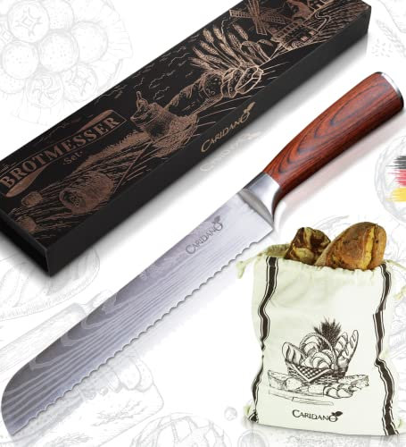 Caridano® Messerset – Brotmesser inkl. Brotsäckchen – Küchenmesser mit Holzgriff aus Pakka Holz – Brot Messer Set aus hochwertigem MOV Stahl mit Wellenschliff und Damast Lasermuster – Knife Set
