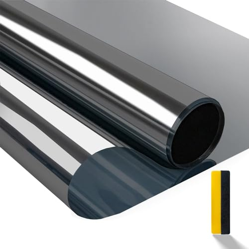 Zindoo Hitzeschutzfolie Fenster Sonnenschutzfolie Fensterfolie 90x200cm | Silber Schwarz, UV-Schutz, Wärmeschutz, Spiegelfolie mit Sichtschutz tagsüber für Wohnzimmer, Wintergarten und Glastüren