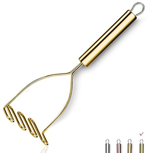Gold Potato Masher, Stainless Steel Heavy Duty Metal Potato Ricer With Titanium Golden Plating, Food Masher Utensil, Hand Masher, Vegetables Fruits Mashe, Dishwasher Safe (9.6 Inch)