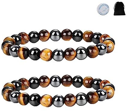 GANMFOYC 2 bracelet triple protection oeil de tigre, emballage flanelle hématite perle et noir obsidienne + cordon élastique 1 rouleau (10mm)
