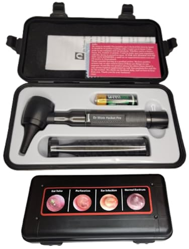 Otoscopio profesional de bolsillo LED Doctor Mom de 4ª generación con puntas de espéculo desechables para adultos y pediátricos, batería y funda protectora de plástico duro, color negro