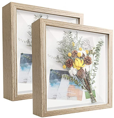 sunmeg 2Pcs 3D Bilderrahmen zum Befüllen 22 x 22cm Bilderrahmen Tief 3D Objektrahmen Hölzern bis 3cm, 3D Rahmen für Objekte, Blumen, Hochzeitsstrauß oder Erinnerungsstücke