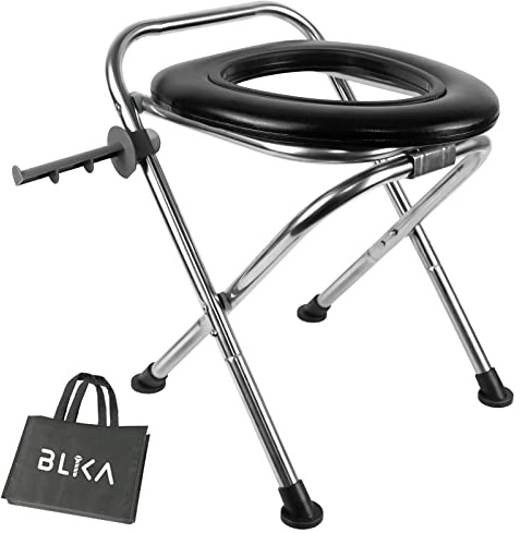 BLIKA Uppgraderad bärbar toalett för camping, 158 kg viktkapacitet utomhus camping hopfällbar toalett, rostfritt stål bärbar potta med mjukt säte