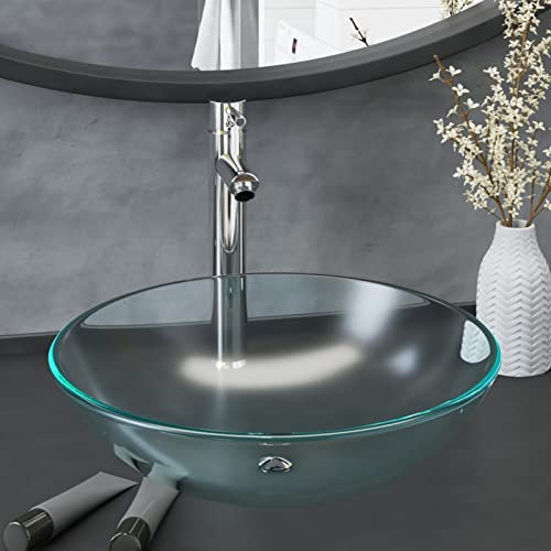 Tidyard Lavandino,Lavabo,Rotondo,in Vetro Temperato,con Rubinetto,con Piletta a Pressione,42x14 cm,Lavandino Rotondo,Lavandino da Bagno Appoggio,Lavandino d'Appoggio 42cm