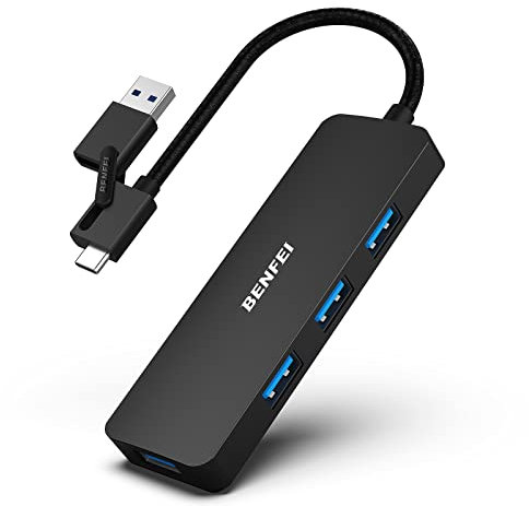 BENFEI USB 3.0 Hub, USB C Hub, 2 in 1 USB Typ A/Typ C Hub mit 4 USB 3.0-Anschlüssen, kompatibel für iPhone 15 Pro/Max MacBook Pro/Air 2023 iPad Pro iMac S23 XPS 17 usw, Schwarz
