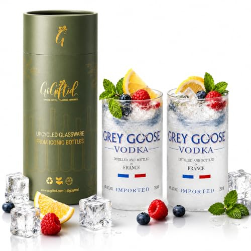 GoGiftid Upcycling-Glas-Set – 300 ml recycelter Becher mit grauer Gans Wodka-Flasche, umweltfreundliches Barzubehör für Spirituosen, Cocktails und Saft, einzigartiges Geschenk, 2 Stück