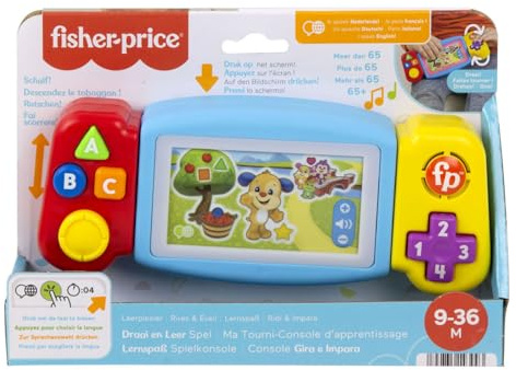 Fisher-Price Rires et Éveil Ma Tourni-Console d’Apprentissages, jouet interactif, console de jeu portable factice, Version: Néerlandais; Anglais, UK; Française; Allemande; Italien, HNL51