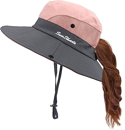 Uhky Damen Sommer Sonnenhut breite Krempe Outdoor UV-Schutz Hut Faltbarer Pferdeschwanz Bucket Cap für Strand Wandern (Rosa)
