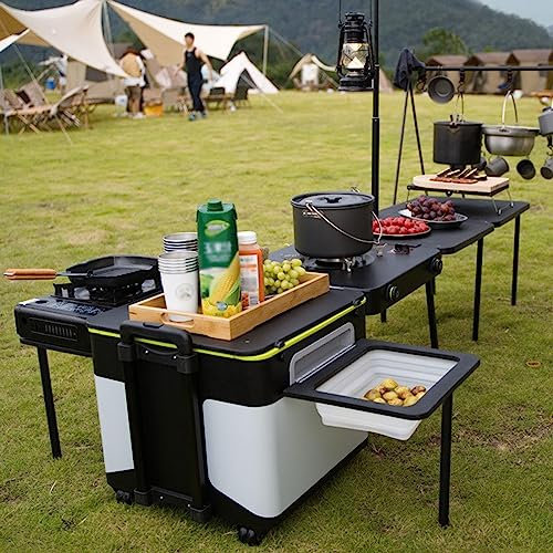NOWLIN Boîte de Rangement de Table de Cuisson extérieure Portable Table de Cuisine Mobile avec Table de Cuisson en Aluminium de Stockage pour Pique-Nique Barbecue Plage Voyage