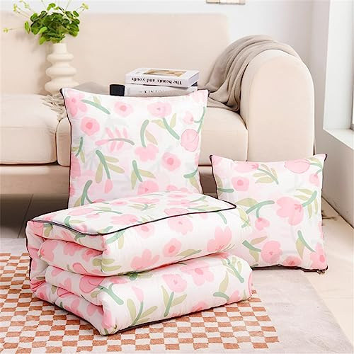 Surwin Reisedecke Kissen Decke 2 in 1, Steppdecke aus Baumwolle, Verwandlungskissen mit Reißverschluss, Multifunktionale Zierkissen Wohndecke Kinderdecke für Reisen Flugzeug (Pinke Blume,150x200cm)
