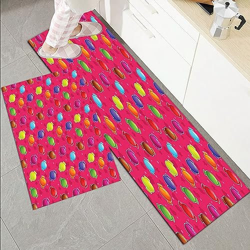 Küchenläufer Küchenmatte 2 Stück 45x70cm+45x120cm,Bunt, Kinder Cartoon-Stil Illustration von Süßigkeiten Sterne und Herz,Rutschfest Pflegeleicht, Anti-Müdigkeit Küchenteppich Teppich Läufer für Küche