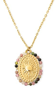SINGULARU - Collier Medallion Stones Sun. Acier avec Finition Plaqué Or 18Kt. Chaîne avec Médaillon, Longueur Ajustable. Bijoux pour Femme