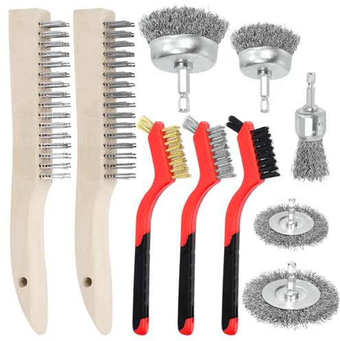 Swpeet Wire 10Pcs Drahtbürstenset, einschließlich 5Pcs Drahtrad Cup Bürste, 3Pcs Edelstahl/Messing/Nylon Borsten mit gebogenem Griff Griff und 2Pcs Edelstahl/Kohlenstoffstahl Drahtbürste