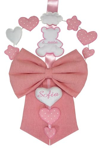 Fiocco Nascita bimba rosa PERSONALIZZATO con NOME Ricamato Made in Italy micocca baby