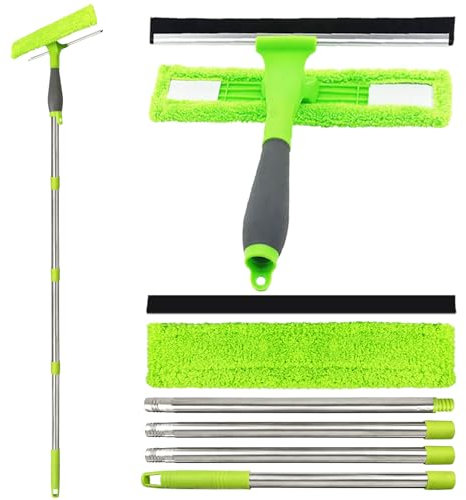 1.7m Telescopic Window Cleaning Kit - Window Squeegee Glass Cleaning Tool with Spare Microfiber Cloth & Squeegee Strips, 2-in-1 Type Screw-on