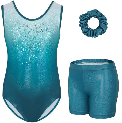 Gogokids Ensemble de Gymnastique Trois Pièces pour Filles, Justaucorps Sans Manches avec Shorts et Bandeau, Tenue de Gymnastique avec Design de Couleur Scintillants Dégradée pour 3 à 12 Ans