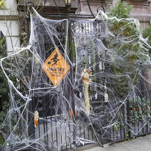 Halloween Deko Set,200g Dehnbare Spinnennetze &50Künstliche Spinnen-Perfekt für Innen/Außen, Garten,Tür Fenster Kamin Häuser Spukhaus&Partyzubehör-Schaurige Atmosphäre für Ihre Feier