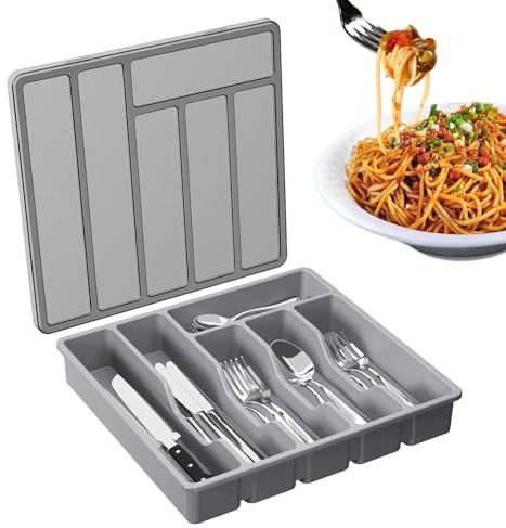 Plateau à couverts avec couvercle | Plateau de rangement pour argenterie – 6 compartiments pour cuillères, fourchettes, couteaux, couverts et boîte de rangement pour couverts