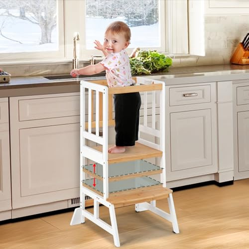 COSYLAND Height Adjustable Kids Standing Tower - Wood Step Stool Learning Helper for Kitchen Counter Bathroom Nursery (White & Natural)