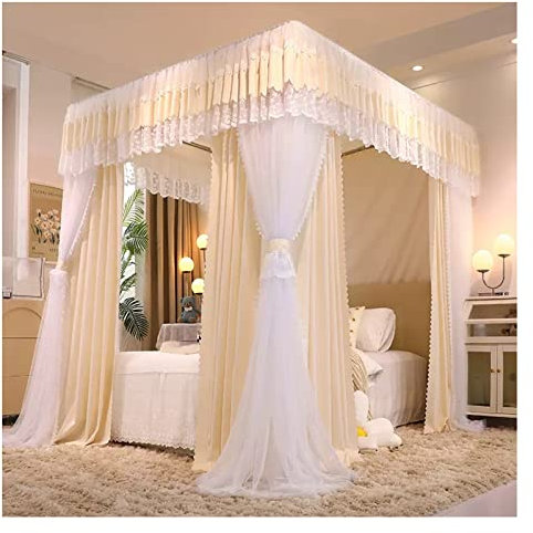 Luxuriöse Betthimmel-Vorhänge für Einzelbett, Doppelbett, Vier-Jahreszeiten-Doppeldeck-Baldachin mit Halterung, einfach zu montieren, cremegelb, 200 x 220 x 210 cm