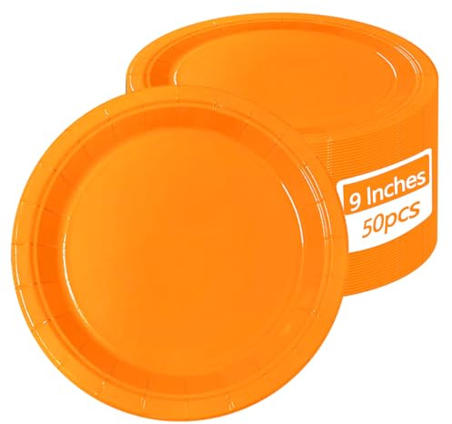 APUXXJUPA 50 assiettes en papier orange - Assiettes rondes orange de 23 x 23 cm pour Halloween, Thanksgiving, pique-nique et usage quotidien