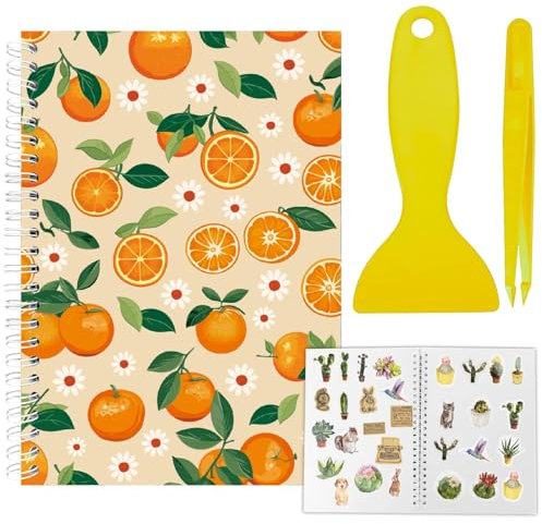 CRASPIRE Álbum de Pegatinas Reutilizables con Diseño de Frutas Y Naranjas Tamaño A5 40 Hojas Organizador de Pegatinas Reutilizables Libro de Almacenamiento Libro de Pegatinas con Pinzas Y Espátula