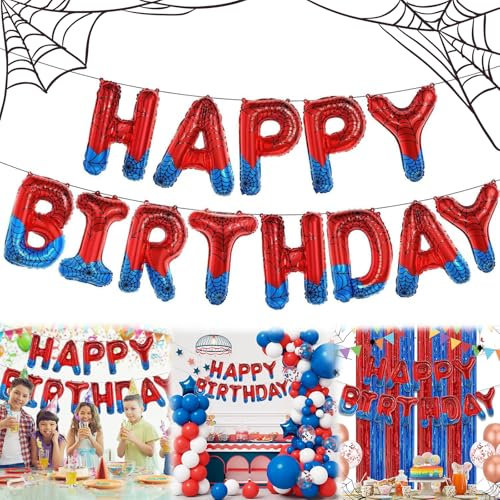 Spider Birthday Decorations, Happy Birthday Banner, 13 PCS Letter Logo Superhero Balloons, Spider Balloons Party Decorations for Kids Boys Girls Theme Party Supplies