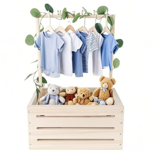 Mounting UP Babykorb aus Holz, mit Griff und Kleiderstange und Eukalyptusblättern, Willkommensgeschenk für Neugeborene, Jungen, Mädchen, einfache Montage, Naturholz, klein