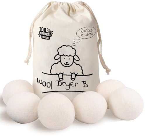 Schafwolle Trocknerbälle 6er-Pack, 7,5 cm Trocknerbälle für Wäschetrockner, Wäschebälle Wiederverwendbar Mit Aufbewahrungstasche, Antistatisch und Knitterfrei