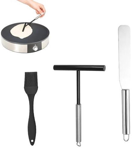 3 Piezas Utensilios para Crepes de Acero Inoxidable – Espátula,Rastrillo en T y Rodillo para Repartir Masa,Accesorios para Hacer Crepes,Tortitas y Repostería Casera