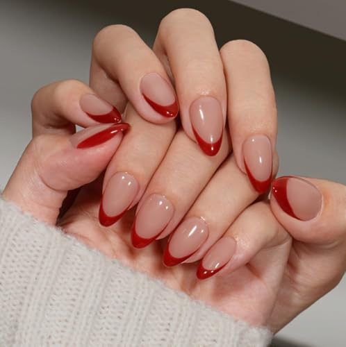 KQueenest Soft Gel Press on Nails French Tip – 30 Stück Rote Nägel zum Aufkleben Kurz Mandel, French Tip Fake Nails, Natürlich Nude Künstliche Nägel für Frauen für das tägliche Tragen