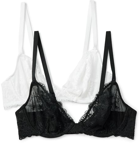 Amazon Essentials Reggiseno a Scollo Profondo in Pizzo Elasticizzato Donna, Confezione da 2, Nero/Bianco, 2E