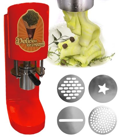 agreilduite Macchine per Pressa per Gelato Spaghetti 80W con 4 Stampi e Tramoggia da 0.42L,Macchina per Gelato a Noodle,Migliora Il Tuo Menu Dessert con Deliziose Prelibatezze a Forma Spaghetti,Red