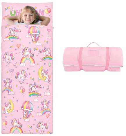 Sac de Couchage Chaud pour Enfants avec Oreiller Amovible, Tapis de Sieste Pliable pour Filles et Garçons, Couverture de Sieste avec Double Fermeture Eclair pour Camping Ecole Garderie, Licorne
